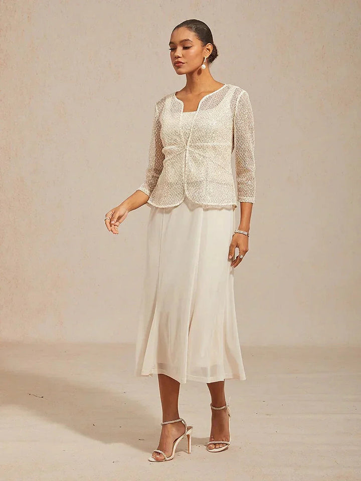Mesh Sequin 3/4 Sleeve Jacket Dress