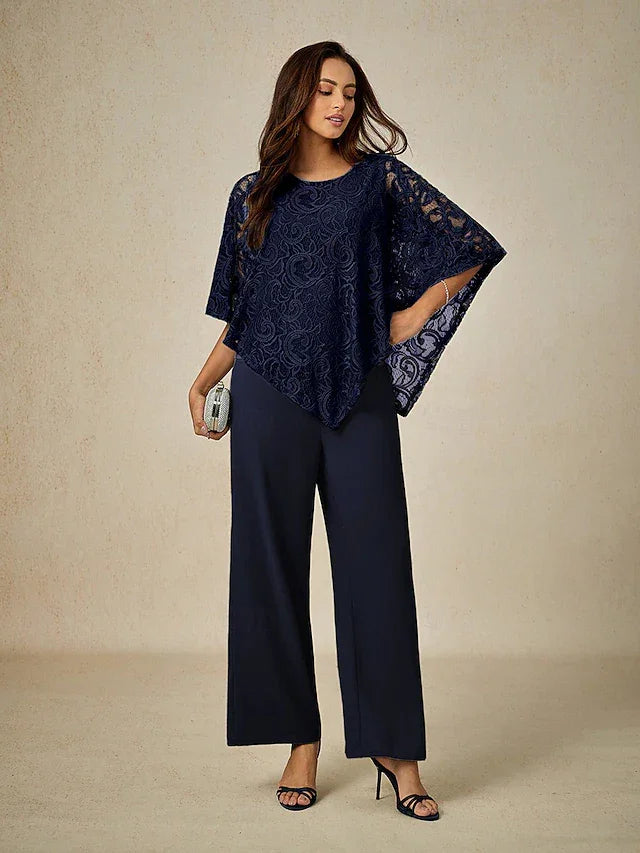 Elegant Lace Batwing Sleeve Top And Pant Suits