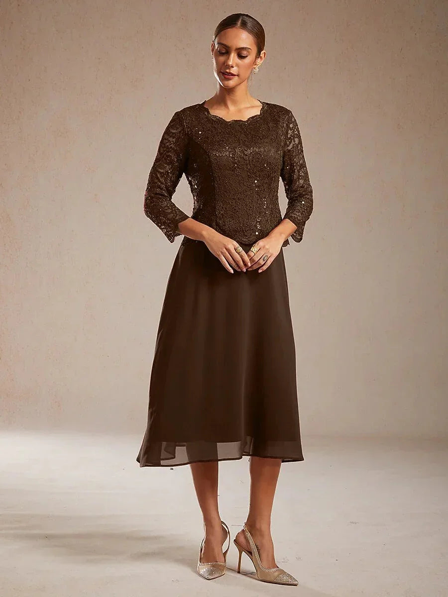 Elegant Lace and Chiffon Tea-Length Dress
