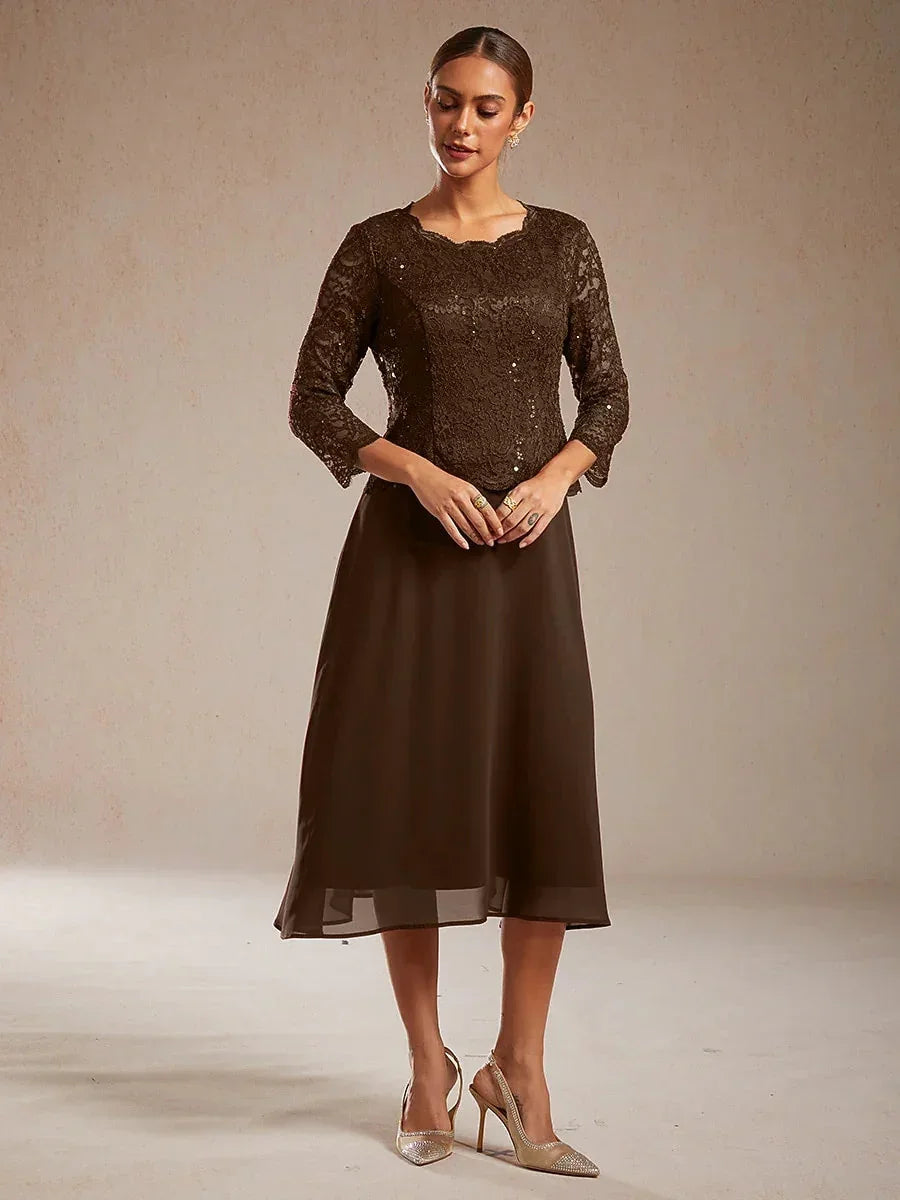 Elegant Lace and Chiffon Tea-Length Dress