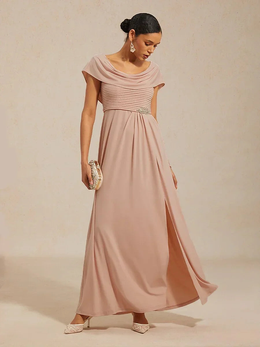Draped Neck Jersey Evening Dress with Pleated Bodice