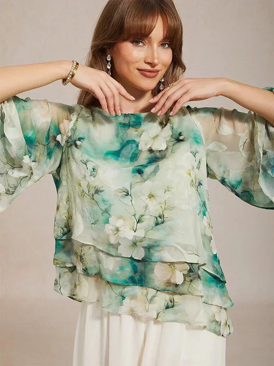 Chiffon Pants and Floral Layered Blouse Pant Suits