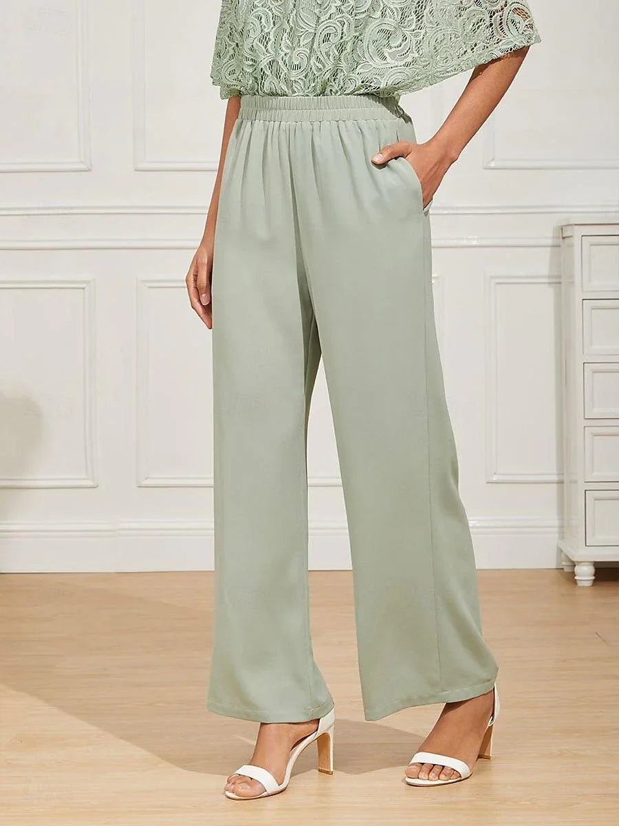Mid-Rise Elastic Waist Wide-Leg Pants with Pockets