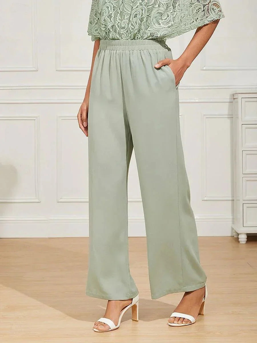 Mid-Rise Elastic Waist Wide-Leg Pants with Pockets