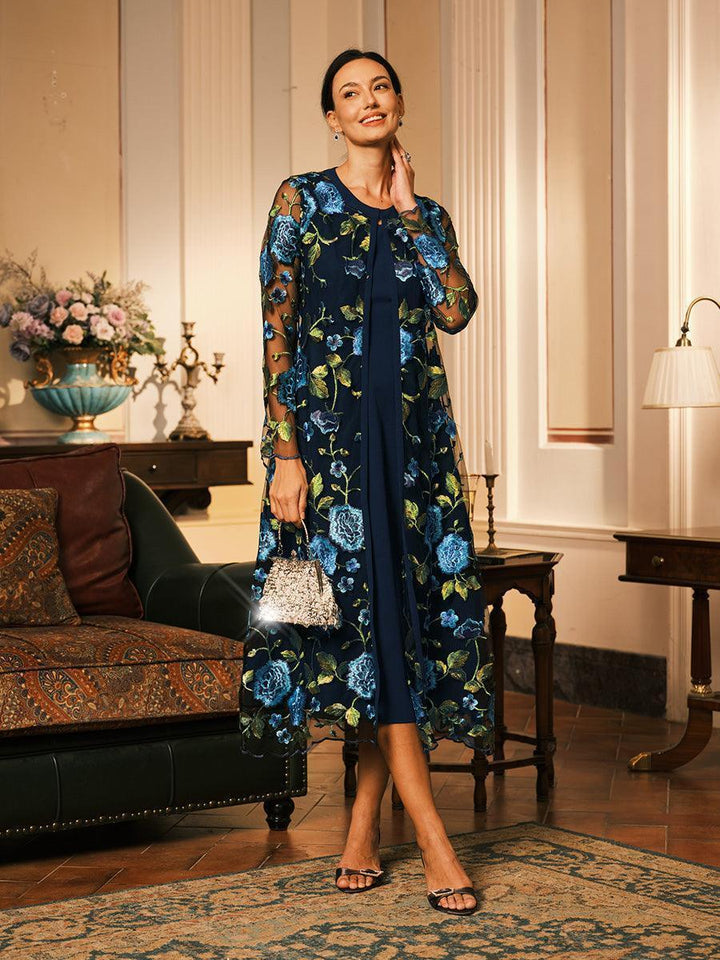 Mesh Lace Embroidered Floral Dress Set