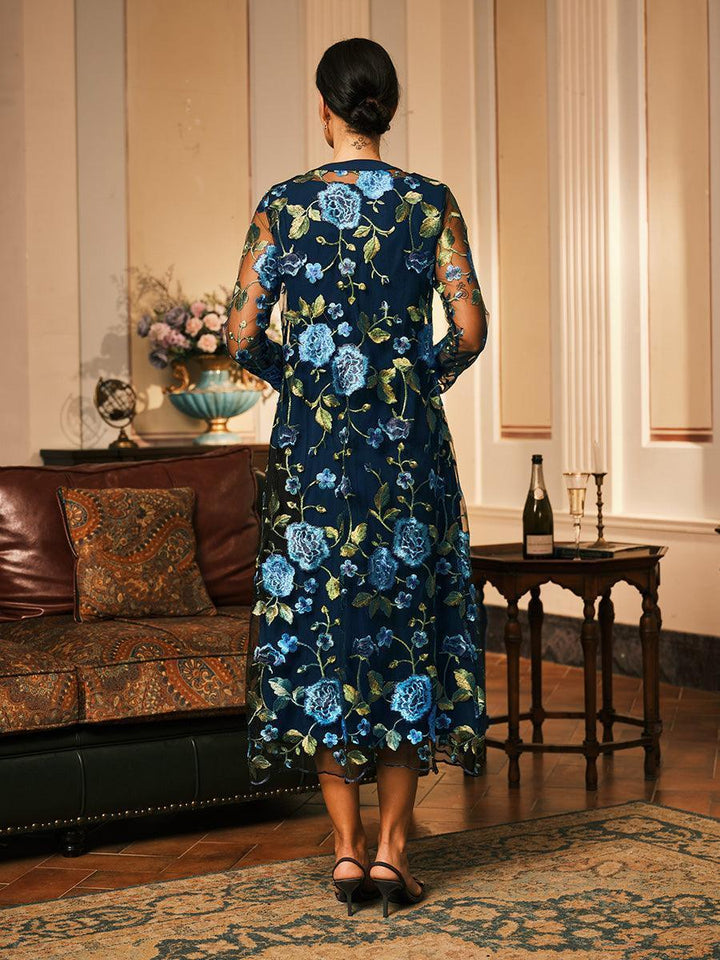 Mesh Lace Embroidered Floral Dress Set