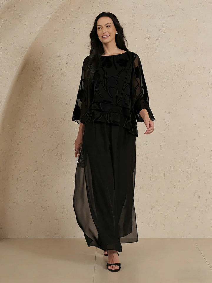 Chiffon Layered Blouse Straight Leg Pant Suits