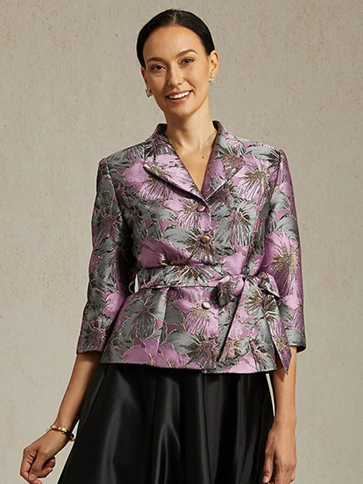 3/4 Sleeve Floral Jacquard Blouse with Tie Waist