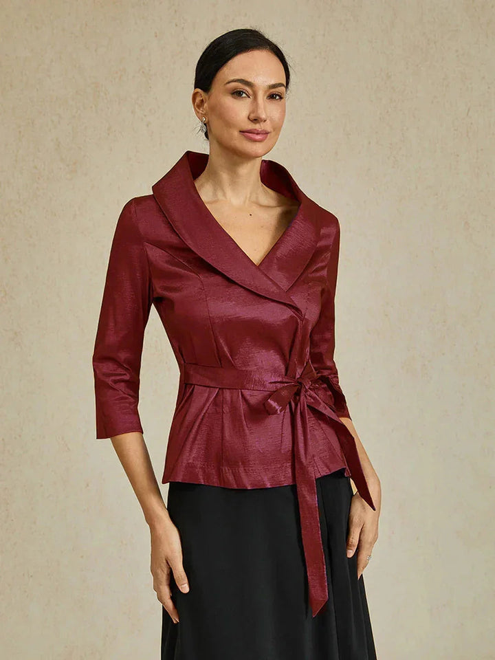 3/4 Sleeve Stretch Taffeta Blouse with Tie Waist Detail
