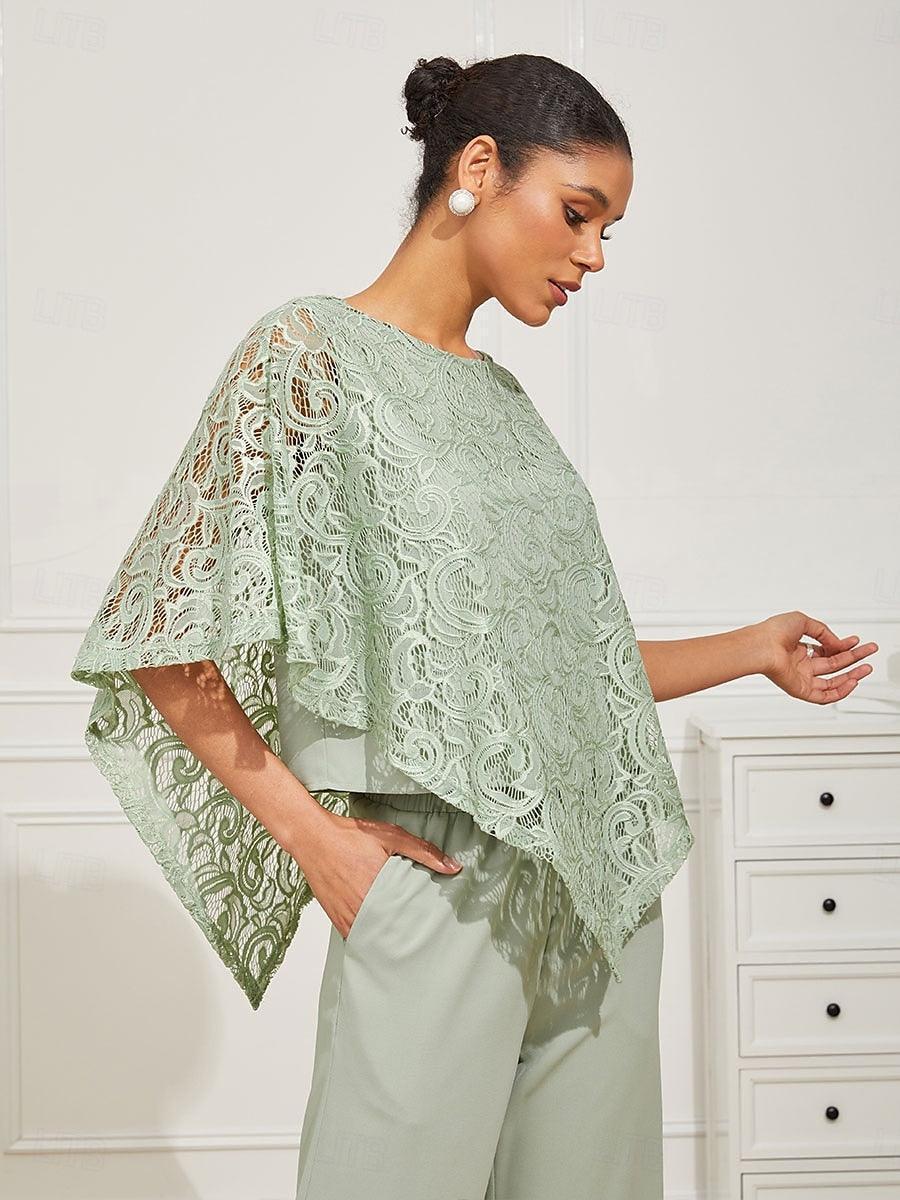 Elegant Lace Batwing Sleeve Top And Pant Suits