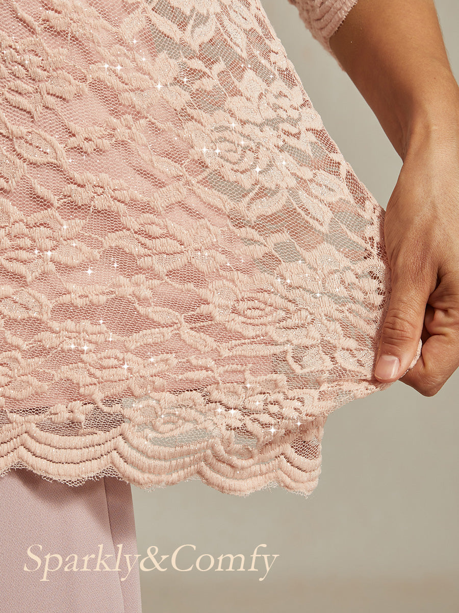 V-Neck Stretch Lace Top with Shimmery Details