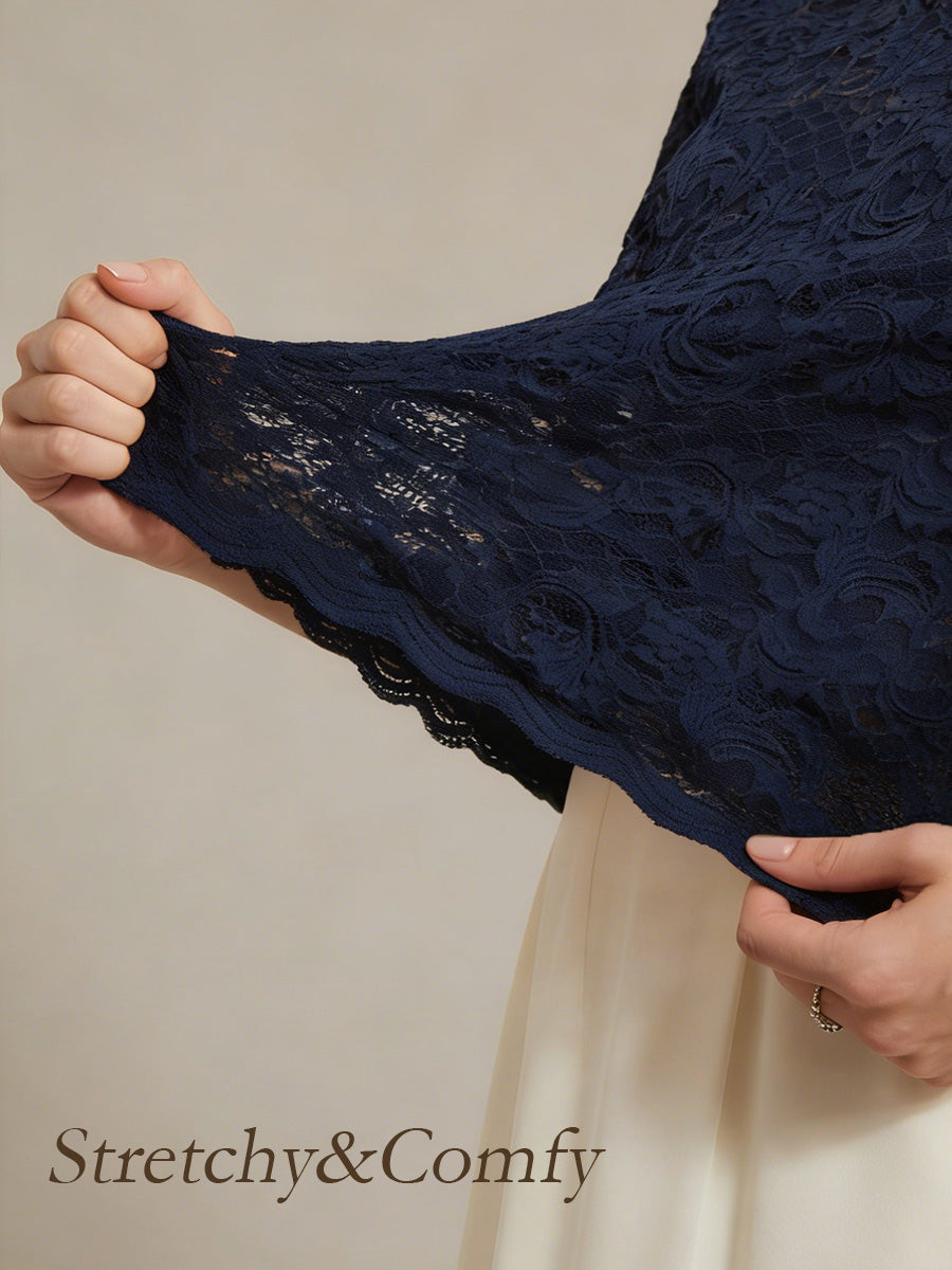 Feminine V-Neck Stretch Lace Top with Scalloped Hem