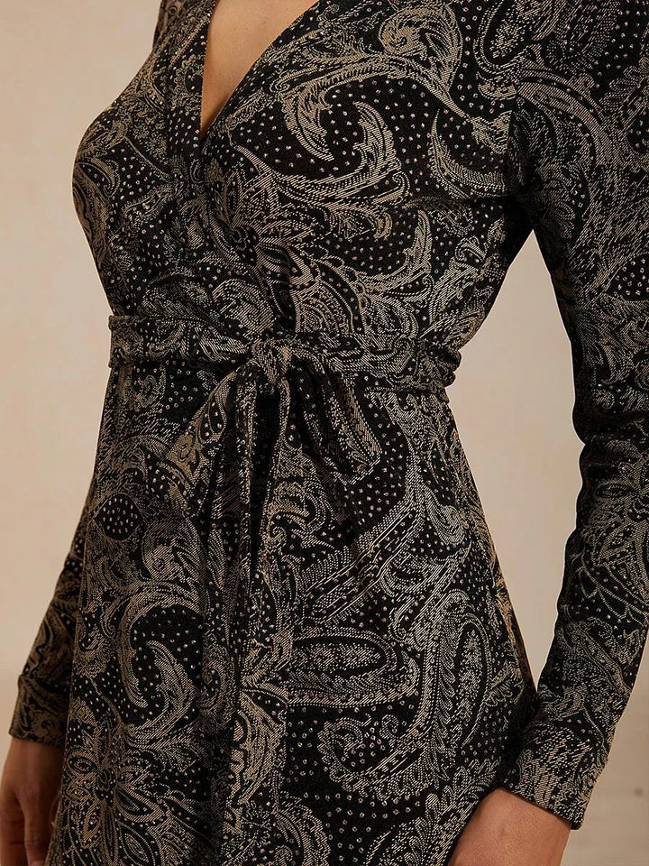 Paisley Wrap Midi Dress with Subtle Sequin Detail