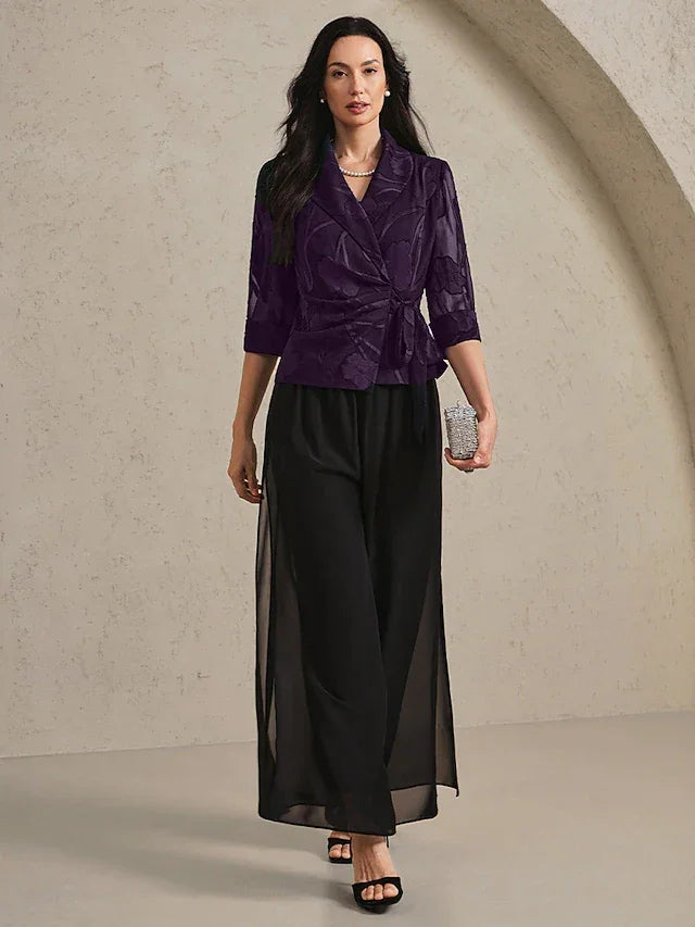Elegant Floral Chiffon Blouse and Pant Suits