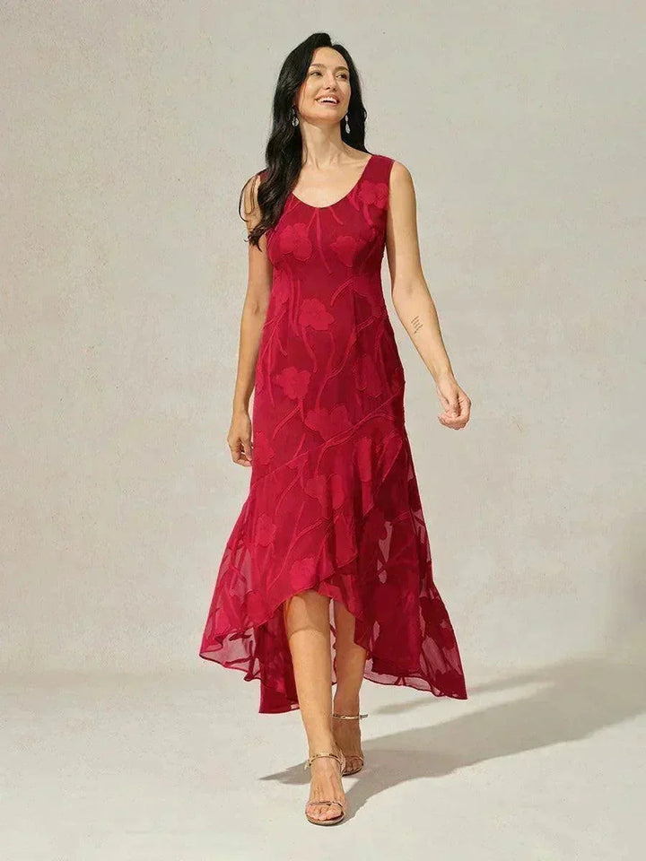 Floral Chiffon Sleeveless Evening Gown with Asymmetrical Hem