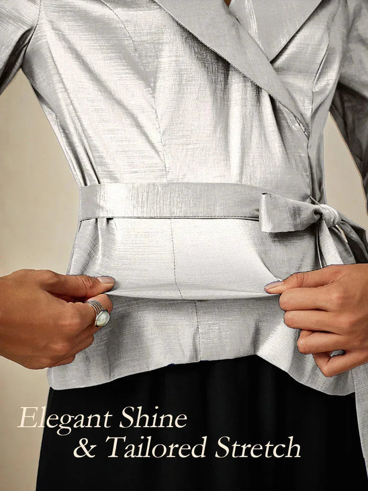 3/4 Sleeve Stretch Taffeta Blouse with Tie Waist Detail