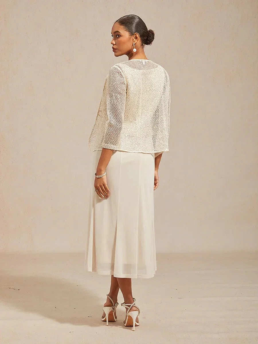 Mesh Sequin 3/4 Sleeve Jacket Dress