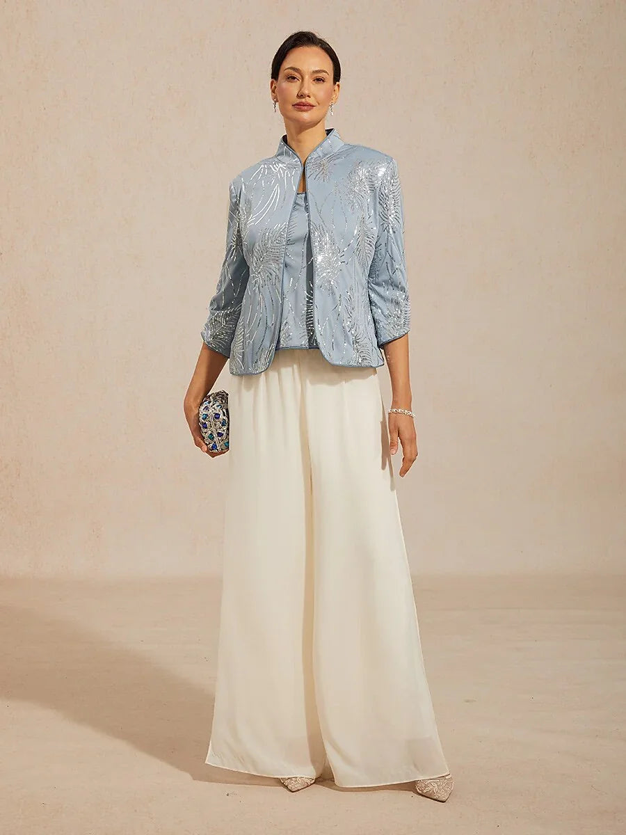 Elegant Mandarin Collar Jacket And Pants 3 Piece Sets